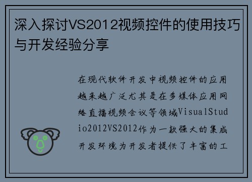 深入探讨VS2012视频控件的使用技巧与开发经验分享