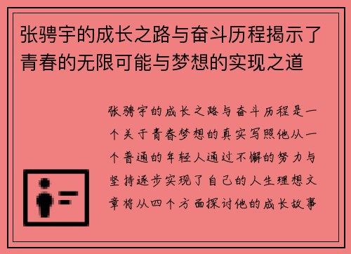 张骋宇的成长之路与奋斗历程揭示了青春的无限可能与梦想的实现之道