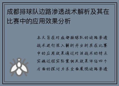 成都排球队边路渗透战术解析及其在比赛中的应用效果分析