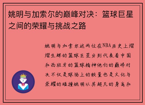 姚明与加索尔的巅峰对决：篮球巨星之间的荣耀与挑战之路