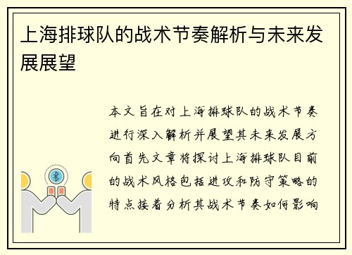 上海排球队的战术节奏解析与未来发展展望