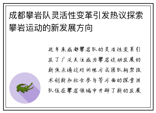 成都攀岩队灵活性变革引发热议探索攀岩运动的新发展方向