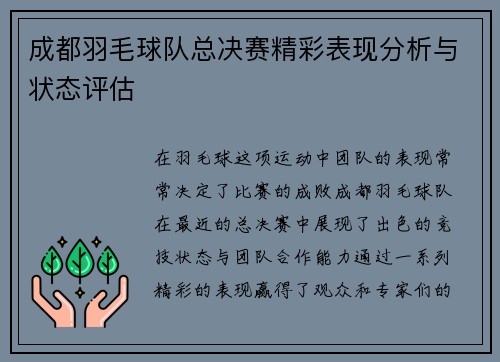 成都羽毛球队总决赛精彩表现分析与状态评估