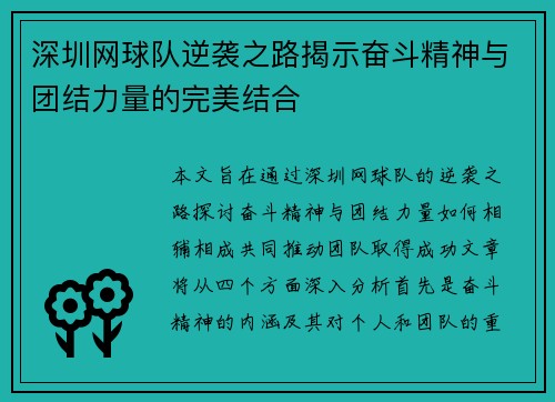 深圳网球队逆袭之路揭示奋斗精神与团结力量的完美结合
