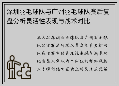 深圳羽毛球队与广州羽毛球队赛后复盘分析灵活性表现与战术对比