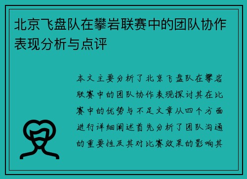 北京飞盘队在攀岩联赛中的团队协作表现分析与点评